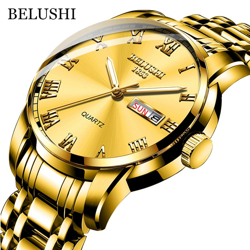 BELUSHI Men Stainless Steel Business Date Clock Waterproof Luminous Luxury Sport Quartz Wrist Watch