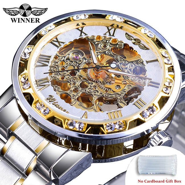 Transparent Diamond Luminous Gear Movement Royal Design Mechanical Skeleton Wrist Watch