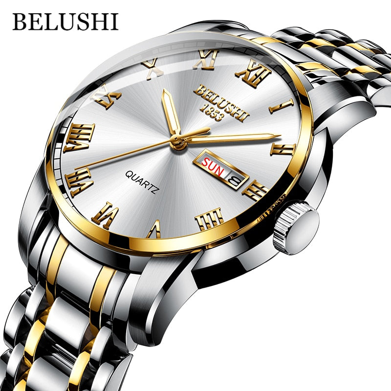 BELUSHI Men Stainless Steel Business Date Clock Waterproof Luminous Luxury Sport Quartz Wrist Watch