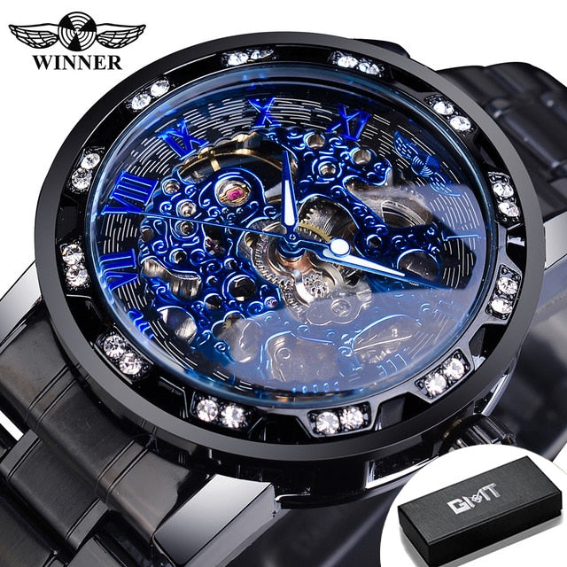 Transparent Diamond Luminous Gear Movement Royal Design Mechanical Skeleton Wrist Watch