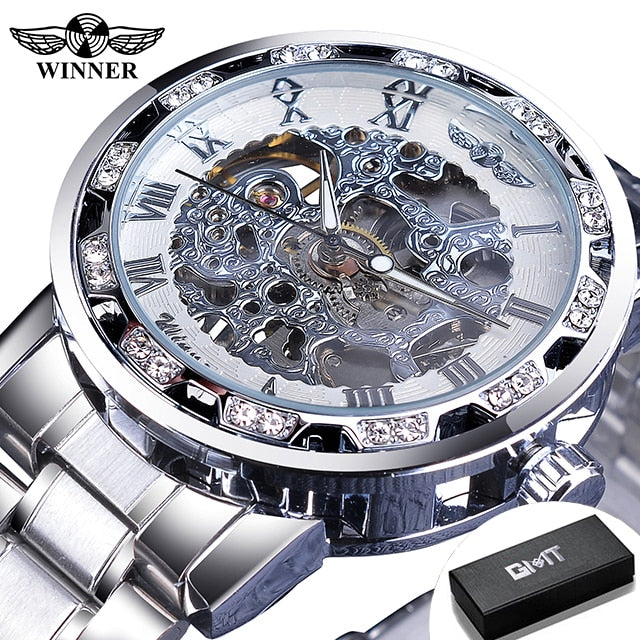 Transparent Diamond Luminous Gear Movement Royal Design Mechanical Skeleton Wrist Watch