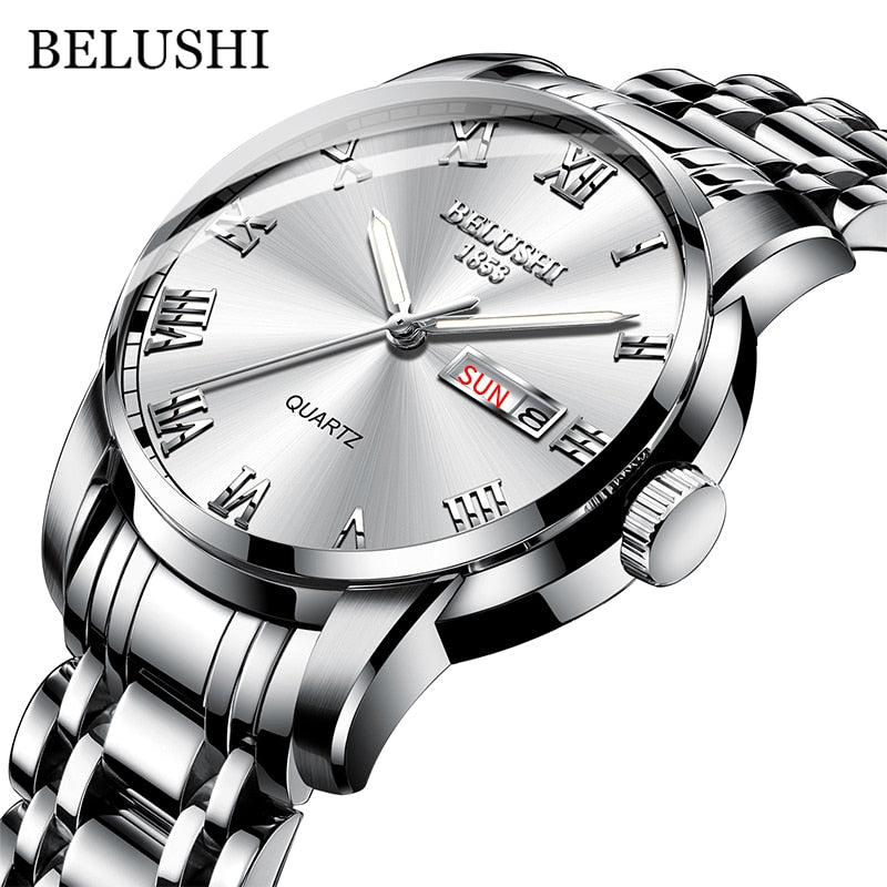 BELUSHI Men Stainless Steel Business Date Clock Waterproof Luminous Luxury Sport Quartz Wrist Watch