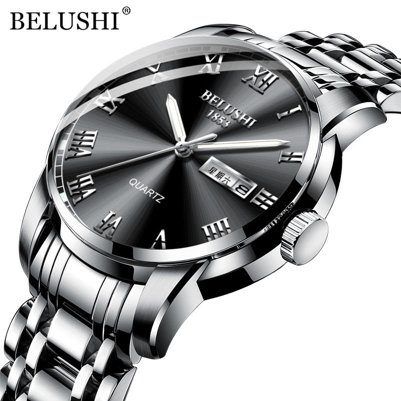 BELUSHI Men Stainless Steel Business Date Clock Waterproof Luminous Luxury Sport Quartz Wrist Watch