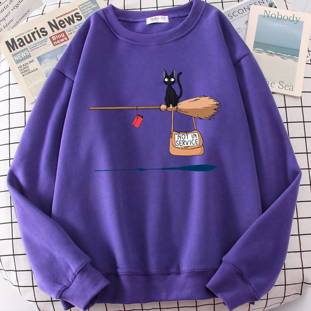 Cute Cat Not In Service Print Hoodie Women Casual Crewneck Sportswear Fleece Warm Sweatshirt