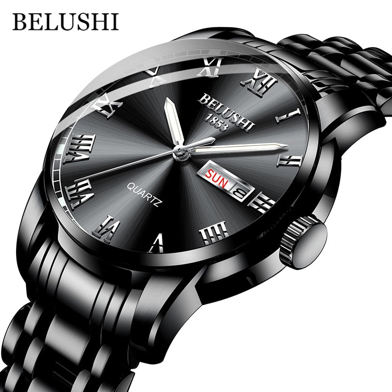 BELUSHI Men Stainless Steel Business Date Clock Waterproof Luminous Luxury Sport Quartz Wrist Watch