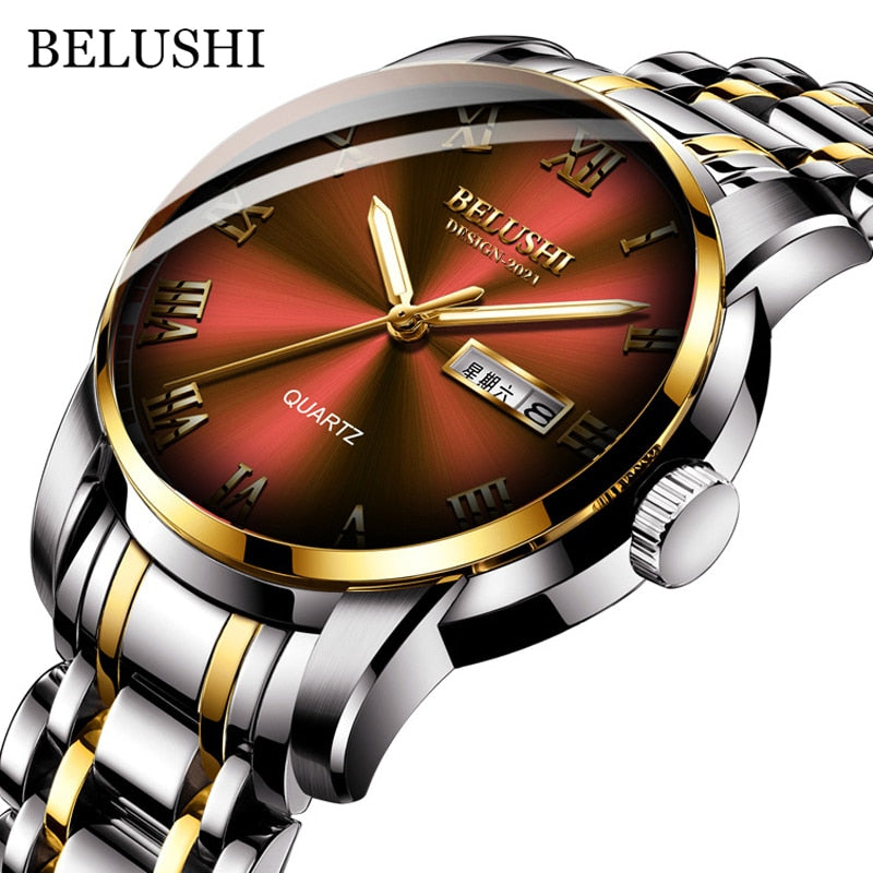 BELUSHI Men Stainless Steel Business Date Clock Waterproof Luminous Luxury Sport Quartz Wrist Watch