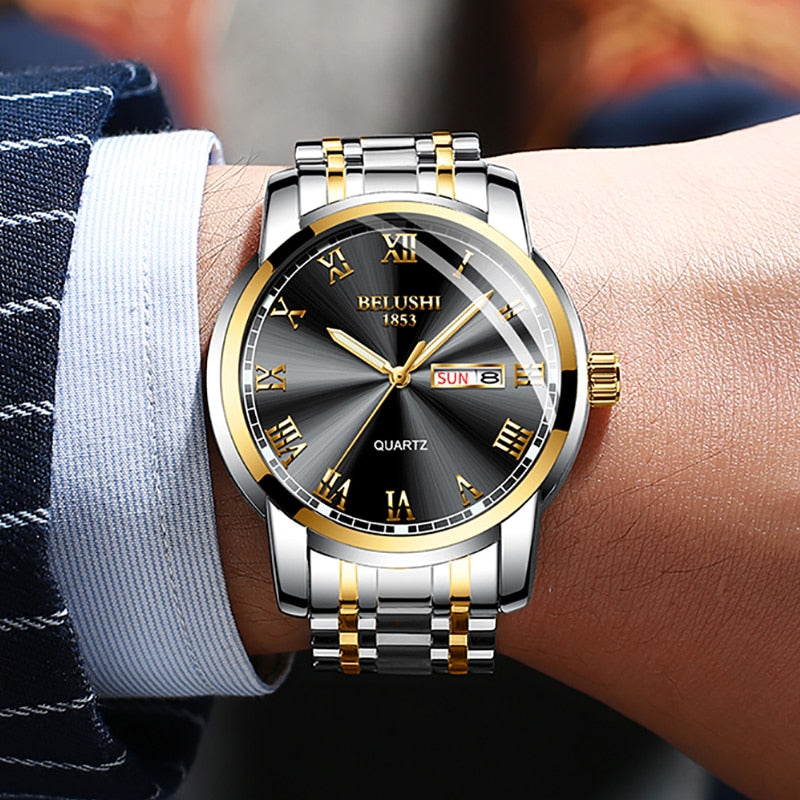 BELUSHI Men Stainless Steel Business Date Clock Waterproof Luminous Luxury Sport Quartz Wrist Watch