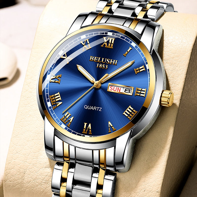 BELUSHI Men Stainless Steel Business Date Clock Waterproof Luminous Luxury Sport Quartz Wrist Watch