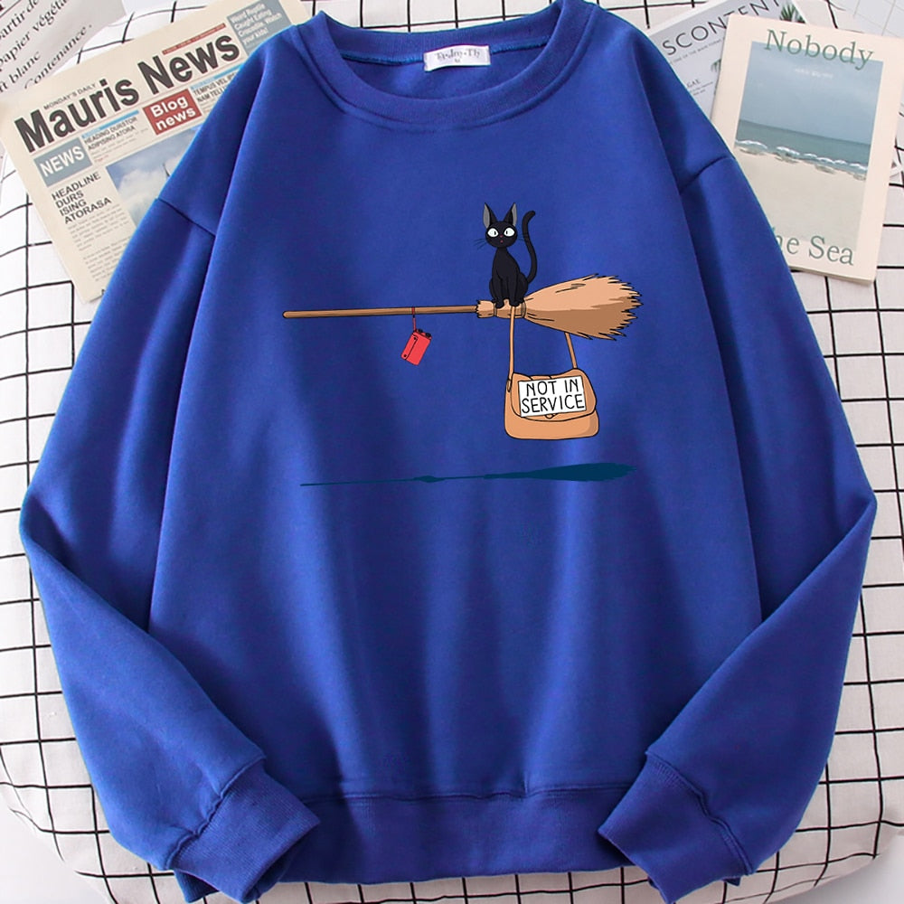 Cute Cat Not In Service Print Hoodie Women Casual Crewneck Sportswear Fleece Warm Sweatshirt
