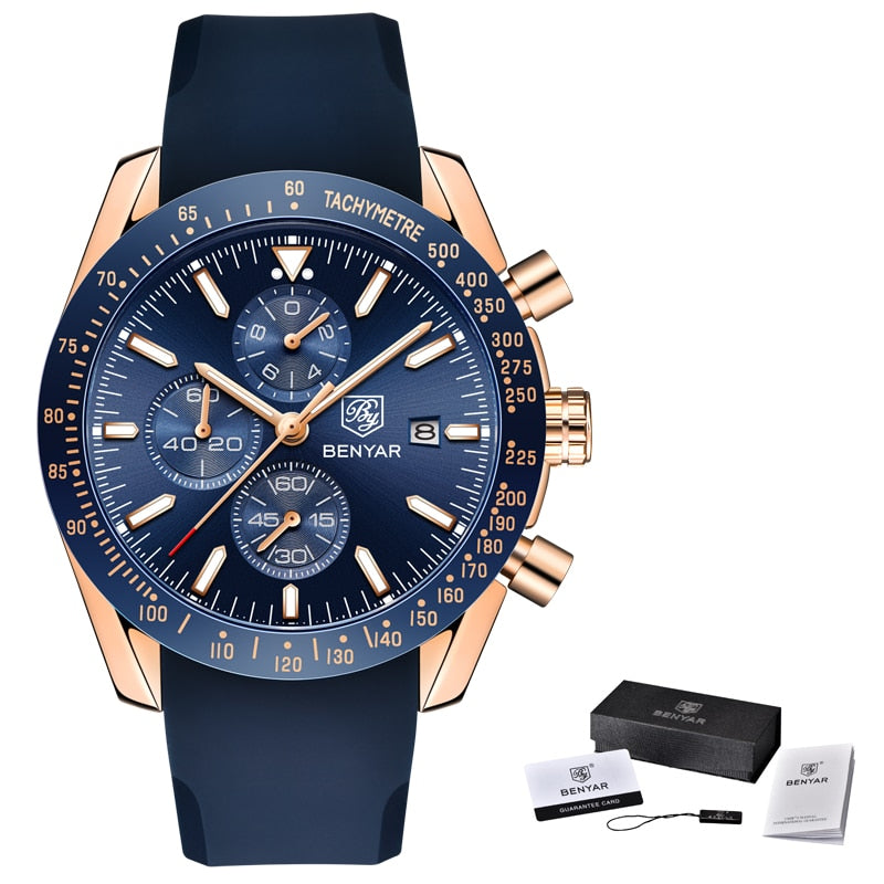 BENYAR Men Luxury Silicone Strap Waterproof Sport Quartz Chronograph Military Watch