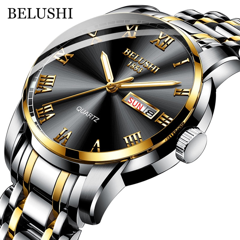 BELUSHI Men Stainless Steel Business Date Clock Waterproof Luminous Luxury Sport Quartz Wrist Watch