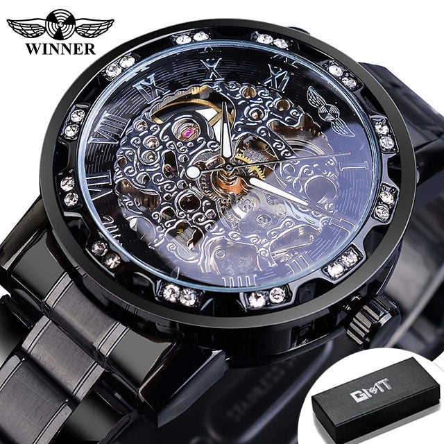 Transparent Diamond Luminous Gear Movement Royal Design Mechanical Skeleton Wrist Watch