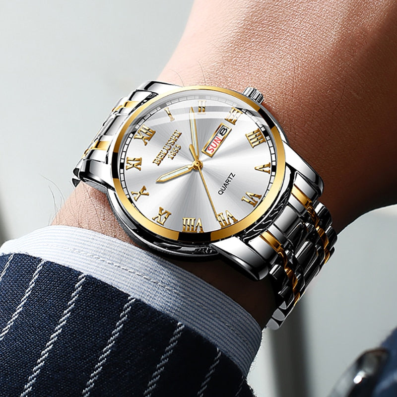 BELUSHI Men Stainless Steel Business Date Clock Waterproof Luminous Luxury Sport Quartz Wrist Watch