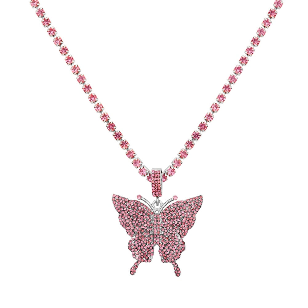 Butterfly Pendant Necklace Rhinestone Chain Crystal Choker Necklace Party Jewelry