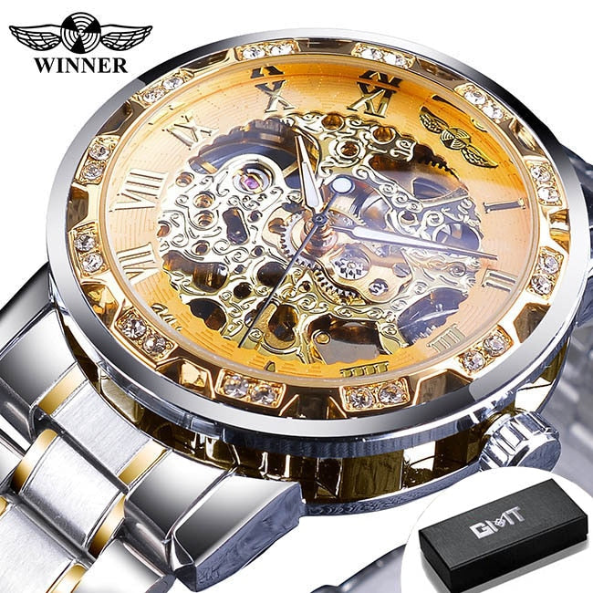 Transparent Diamond Luminous Gear Movement Royal Design Mechanical Skeleton Wrist Watch