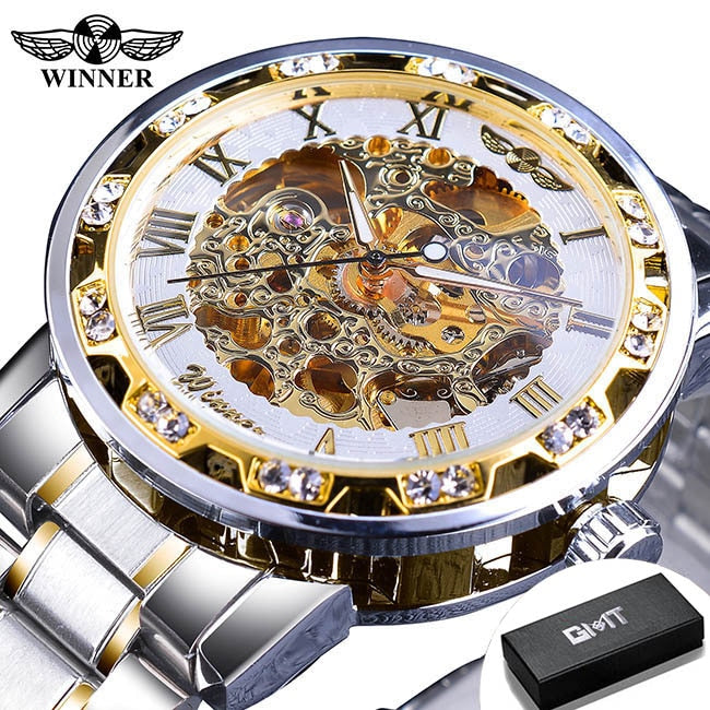 Transparent Diamond Luminous Gear Movement Royal Design Mechanical Skeleton Wrist Watch