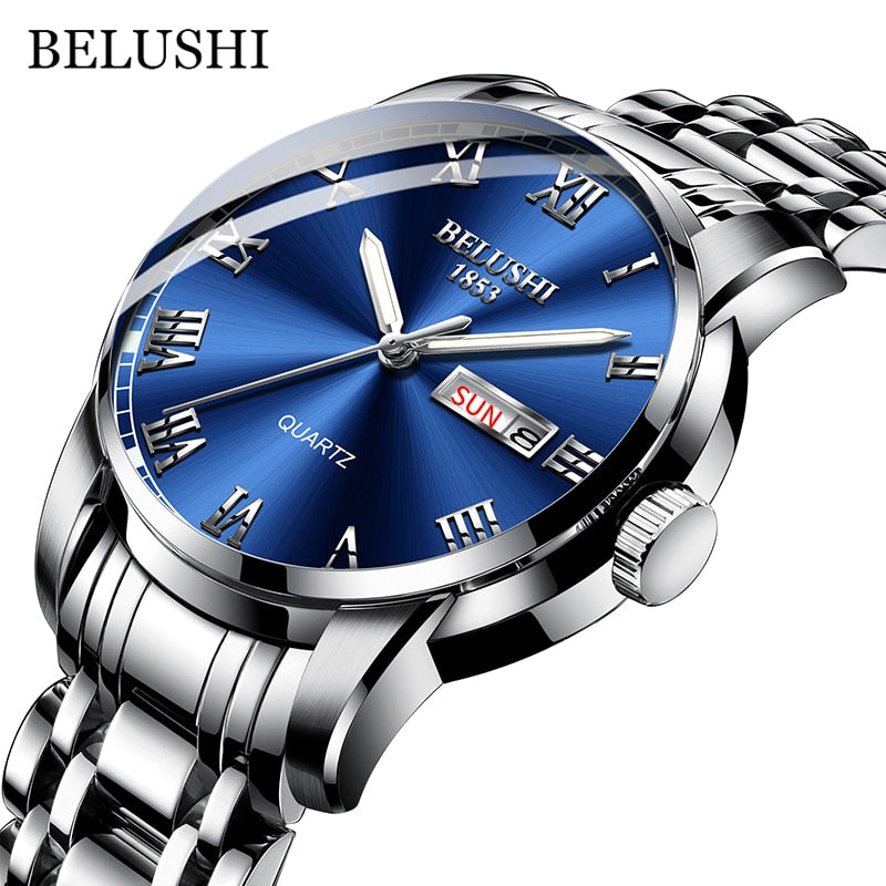 BELUSHI Men Stainless Steel Business Date Clock Waterproof Luminous Luxury Sport Quartz Wrist Watch