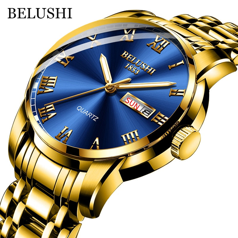 BELUSHI Men Stainless Steel Business Date Clock Waterproof Luminous Luxury Sport Quartz Wrist Watch