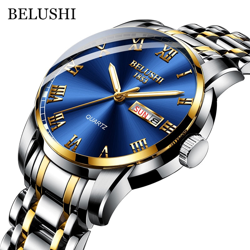 BELUSHI Men Stainless Steel Business Date Clock Waterproof Luminous Luxury Sport Quartz Wrist Watch