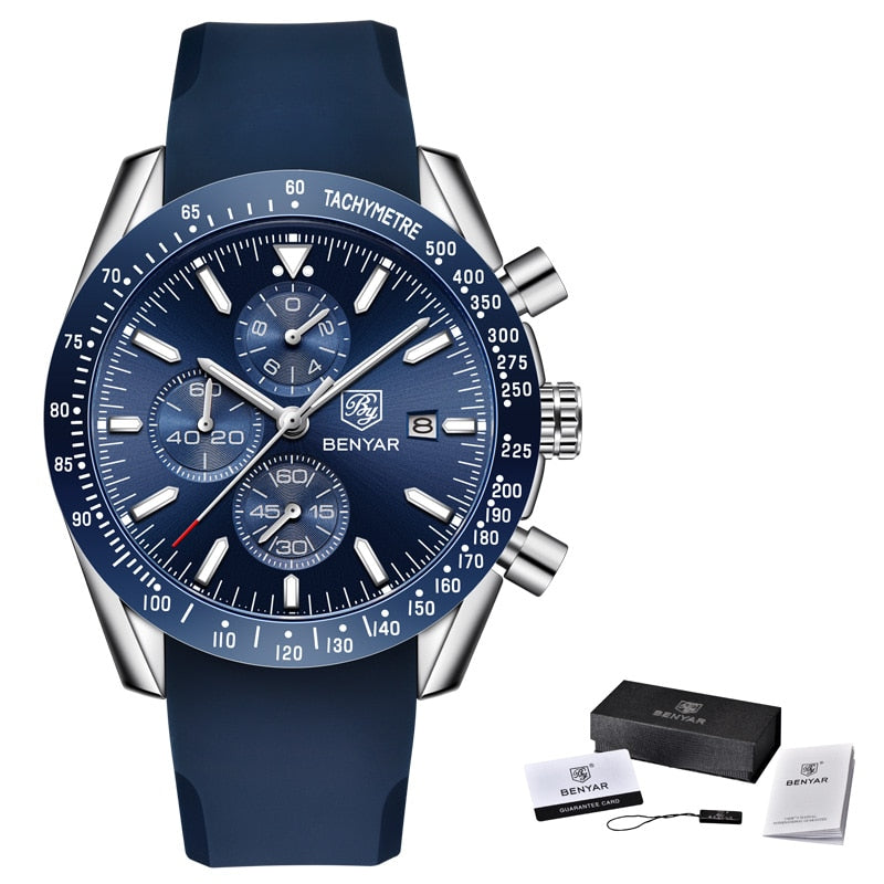 BENYAR Men Luxury Silicone Strap Waterproof Sport Quartz Chronograph Military Watch