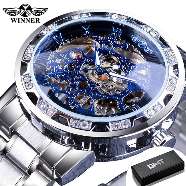 Transparent Diamond Luminous Gear Movement Royal Design Mechanical Skeleton Wrist Watch