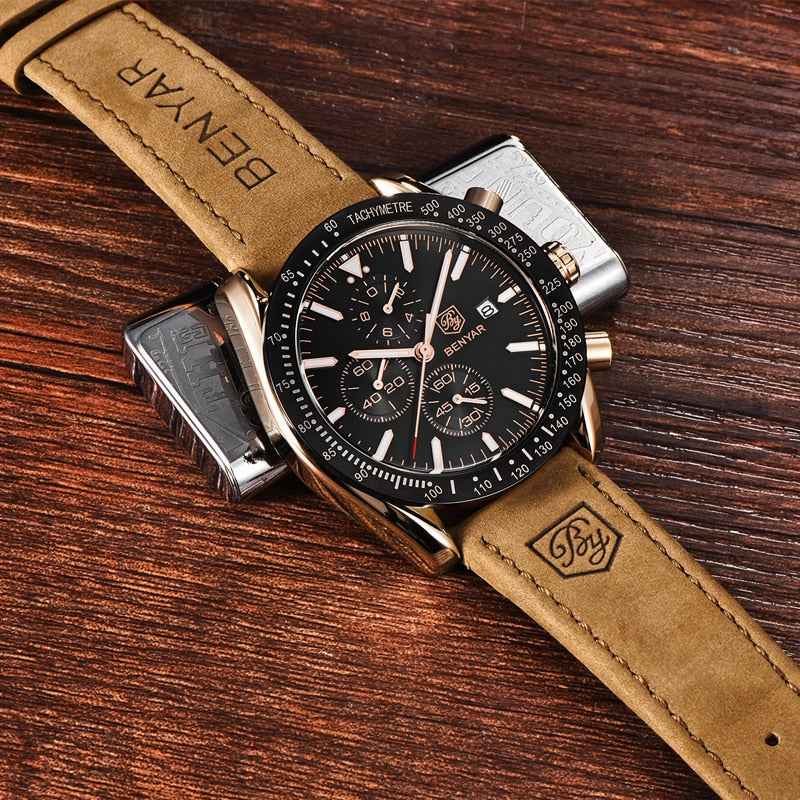 BENYAR Men Luxury Silicone Strap Waterproof Sport Quartz Chronograph Military Watch