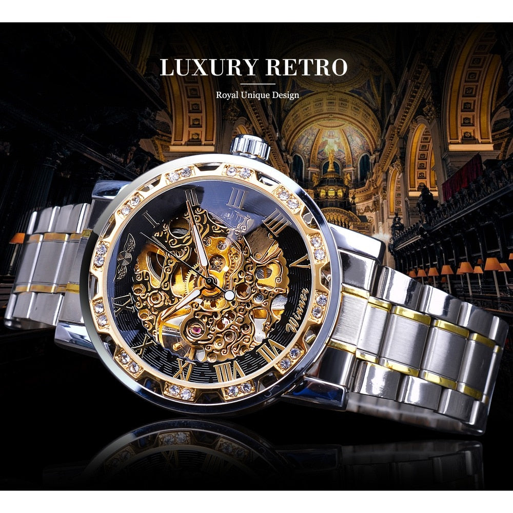 Transparent Diamond Luminous Gear Movement Royal Design Mechanical Skeleton Wrist Watch