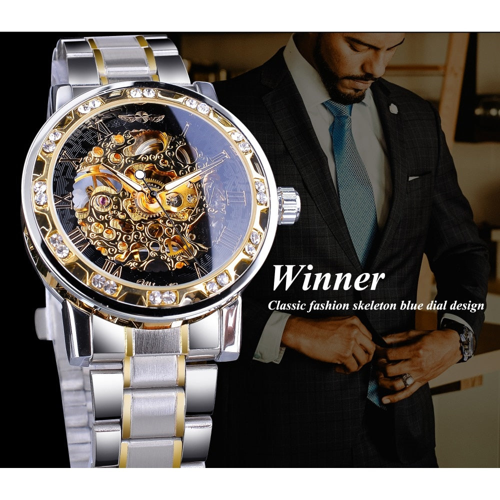 Transparent Diamond Luminous Gear Movement Royal Design Mechanical Skeleton Wrist Watch