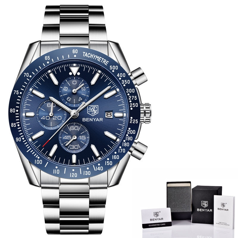 BENYAR Men Luxury Silicone Strap Waterproof Sport Quartz Chronograph Military Watch