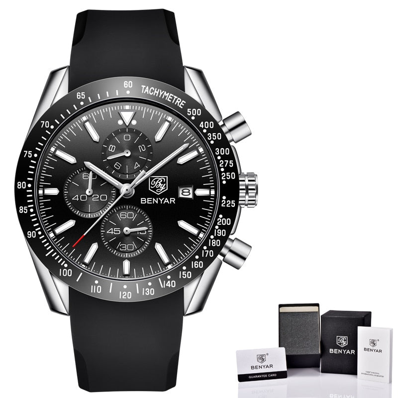 BENYAR Men Luxury Silicone Strap Waterproof Sport Quartz Chronograph Military Watch