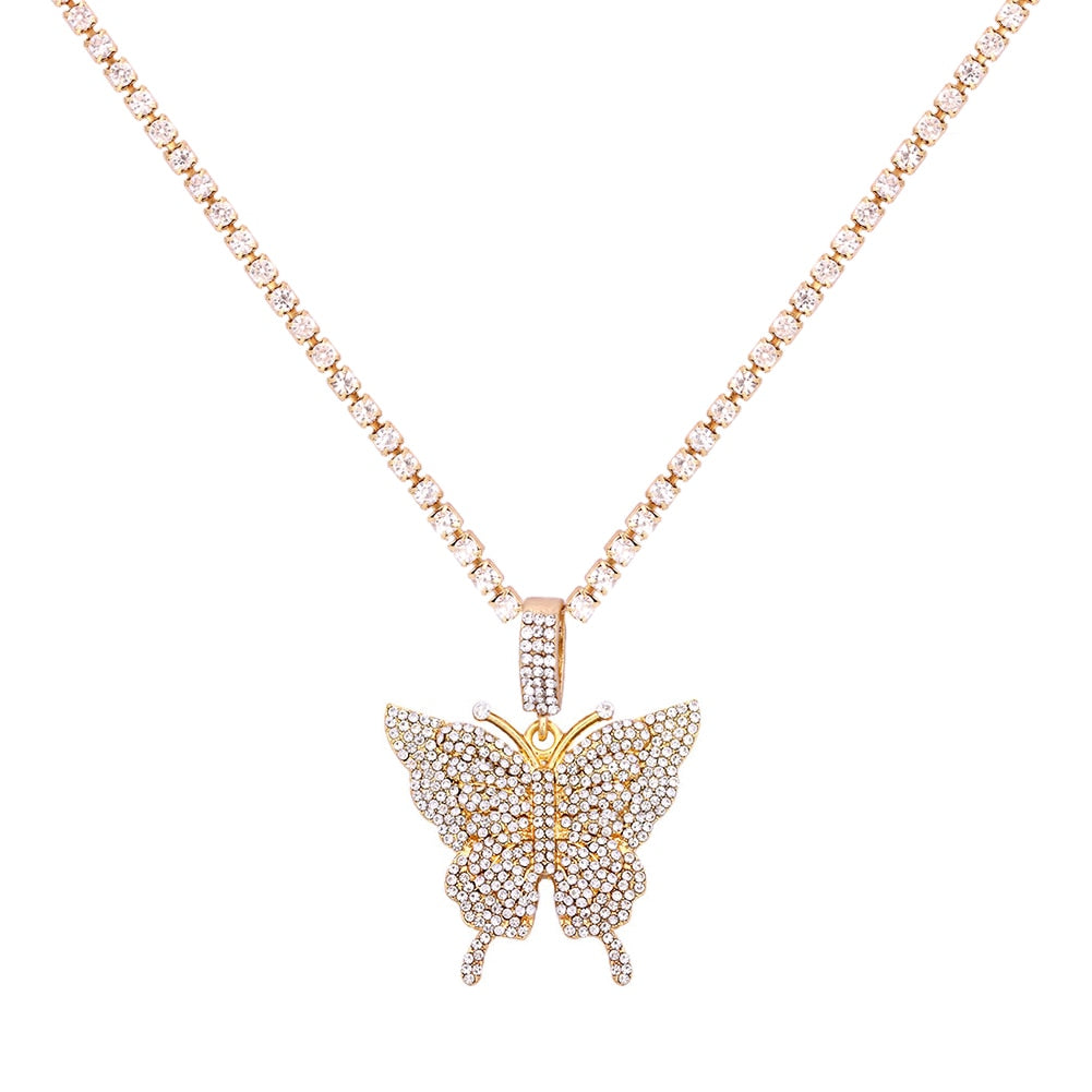Butterfly Pendant Necklace Rhinestone Chain Crystal Choker Necklace Party Jewelry