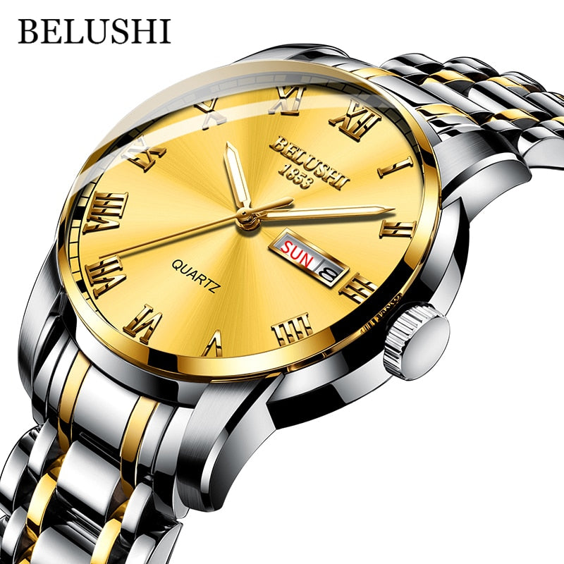 BELUSHI Men Stainless Steel Business Date Clock Waterproof Luminous Luxury Sport Quartz Wrist Watch