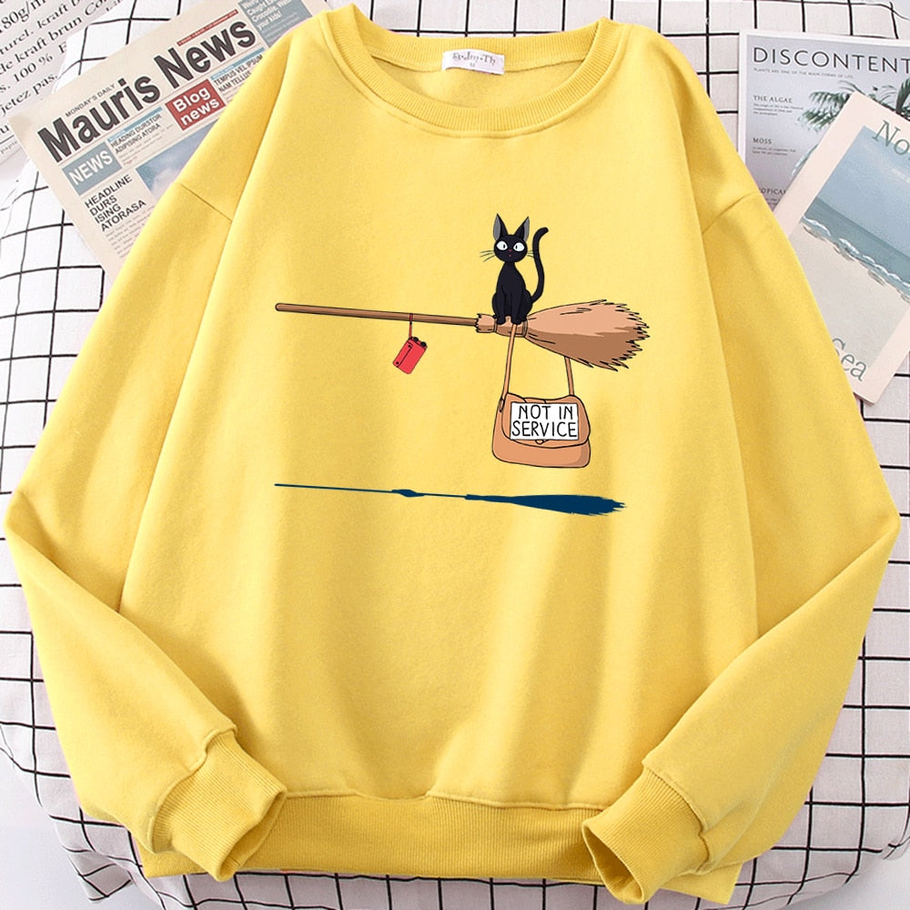 Cute Cat Not In Service Print Hoodie Women Casual Crewneck Sportswear Fleece Warm Sweatshirt