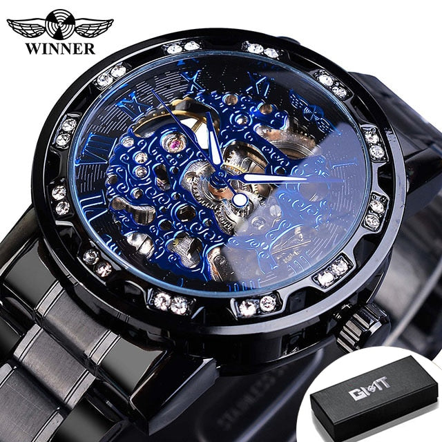 Transparent Diamond Luminous Gear Movement Royal Design Mechanical Skeleton Wrist Watch