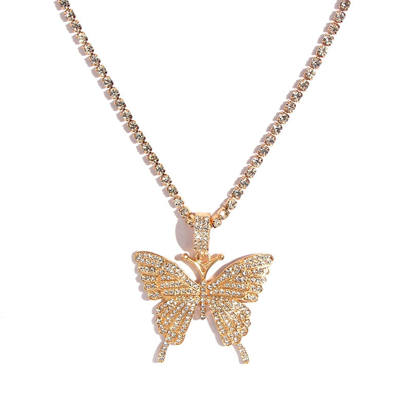 Butterfly Pendant Necklace Rhinestone Chain Crystal Choker Necklace Party Jewelry
