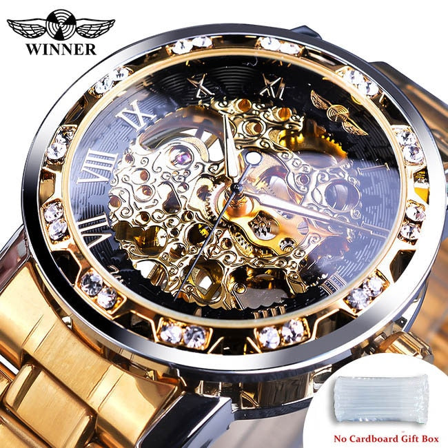 Transparent Diamond Luminous Gear Movement Royal Design Mechanical Skeleton Wrist Watch