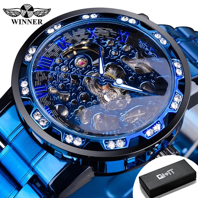 Transparent Diamond Luminous Gear Movement Royal Design Mechanical Skeleton Wrist Watch
