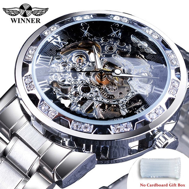 Transparent Diamond Luminous Gear Movement Royal Design Mechanical Skeleton Wrist Watch