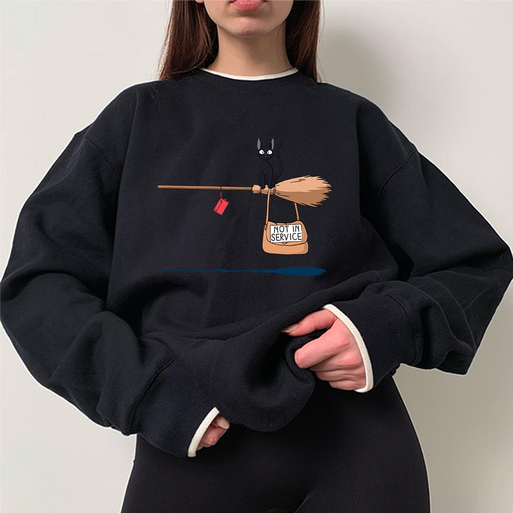 Cute Cat Not In Service Print Hoodie Women Casual Crewneck Sportswear Fleece Warm Sweatshirt