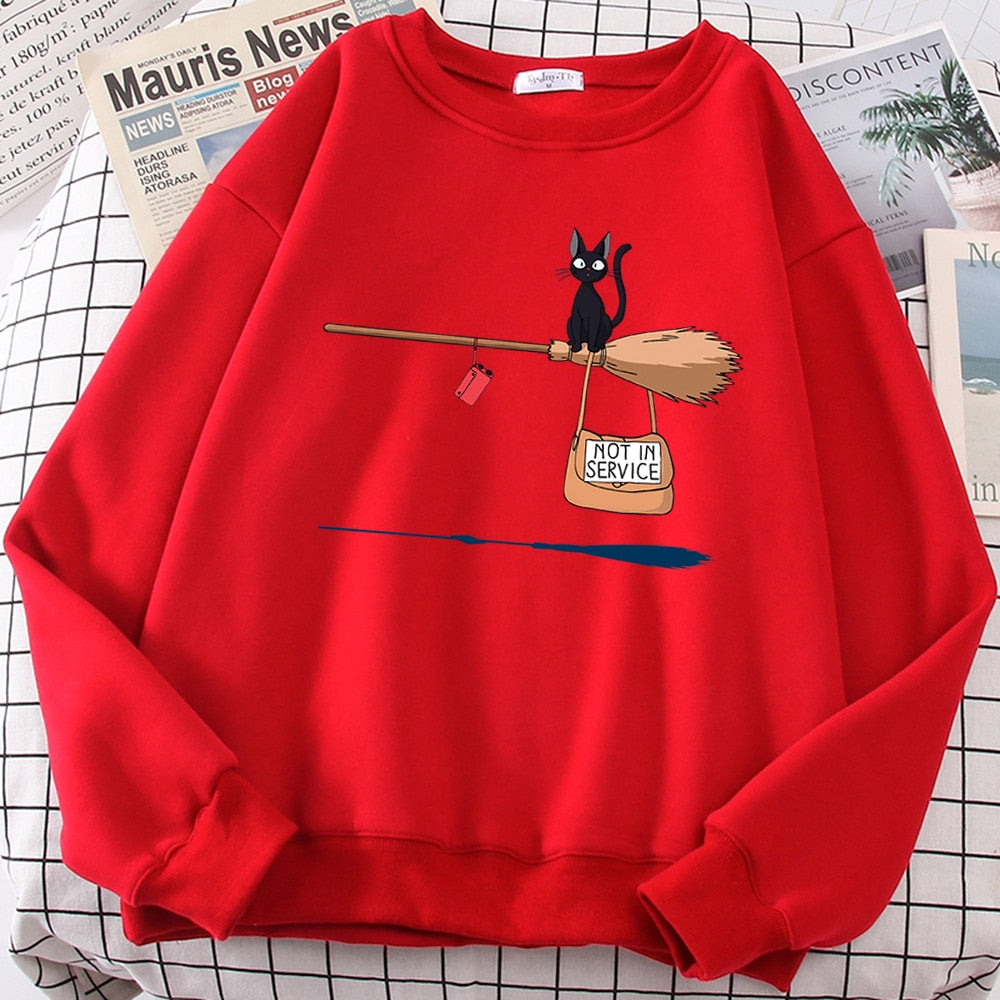 Cute Cat Not In Service Print Hoodie Women Casual Crewneck Sportswear Fleece Warm Sweatshirt
