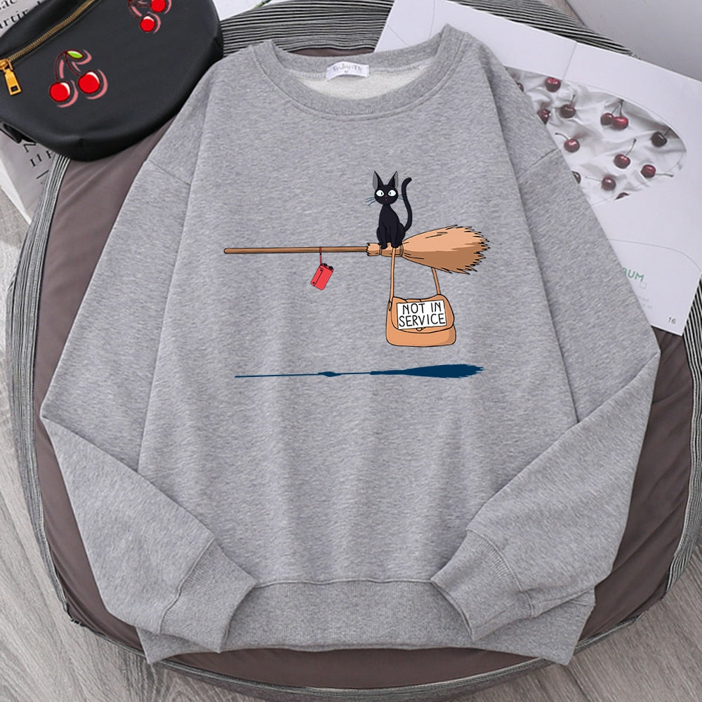 Cute Cat Not In Service Print Hoodie Women Casual Crewneck Sportswear Fleece Warm Sweatshirt