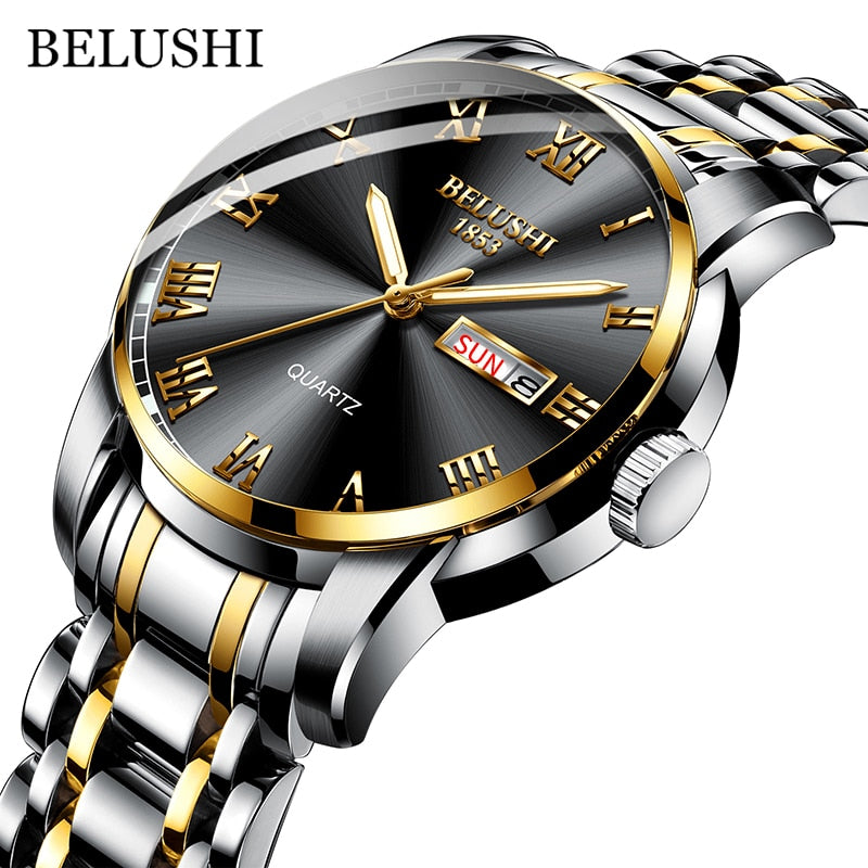 BELUSHI Men Stainless Steel Business Date Clock Waterproof Luminous Luxury Sport Quartz Wrist Watch