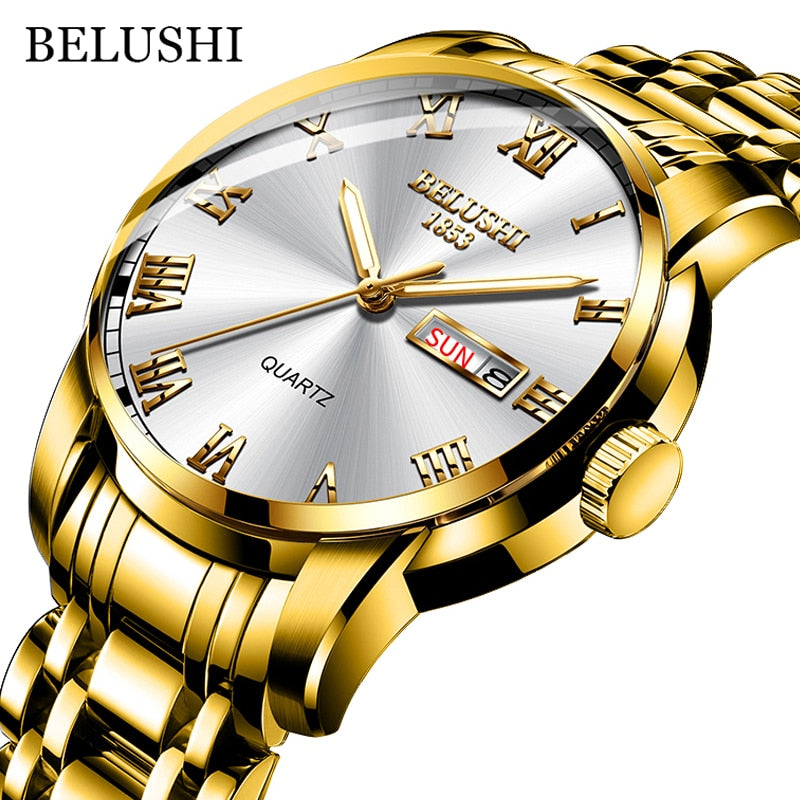 BELUSHI Men Stainless Steel Business Date Clock Waterproof Luminous Luxury Sport Quartz Wrist Watch