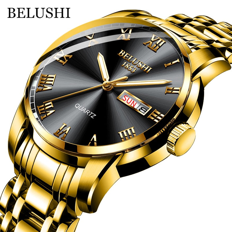 BELUSHI Men Stainless Steel Business Date Clock Waterproof Luminous Luxury Sport Quartz Wrist Watch
