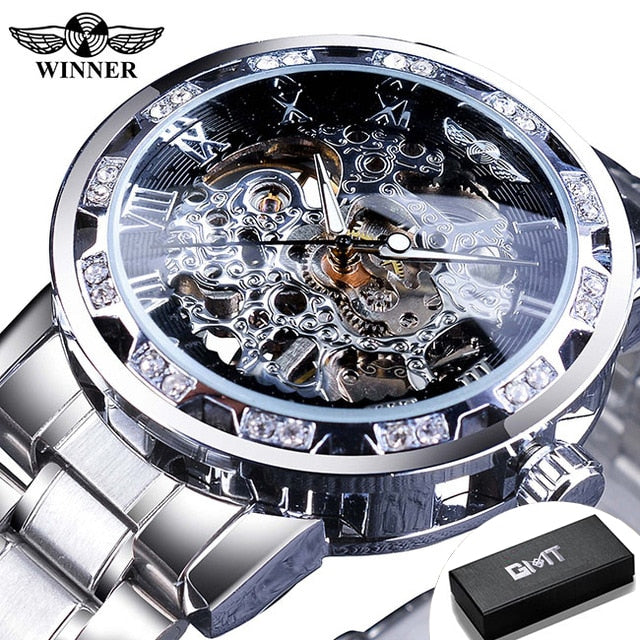 Transparent Diamond Luminous Gear Movement Royal Design Mechanical Skeleton Wrist Watch