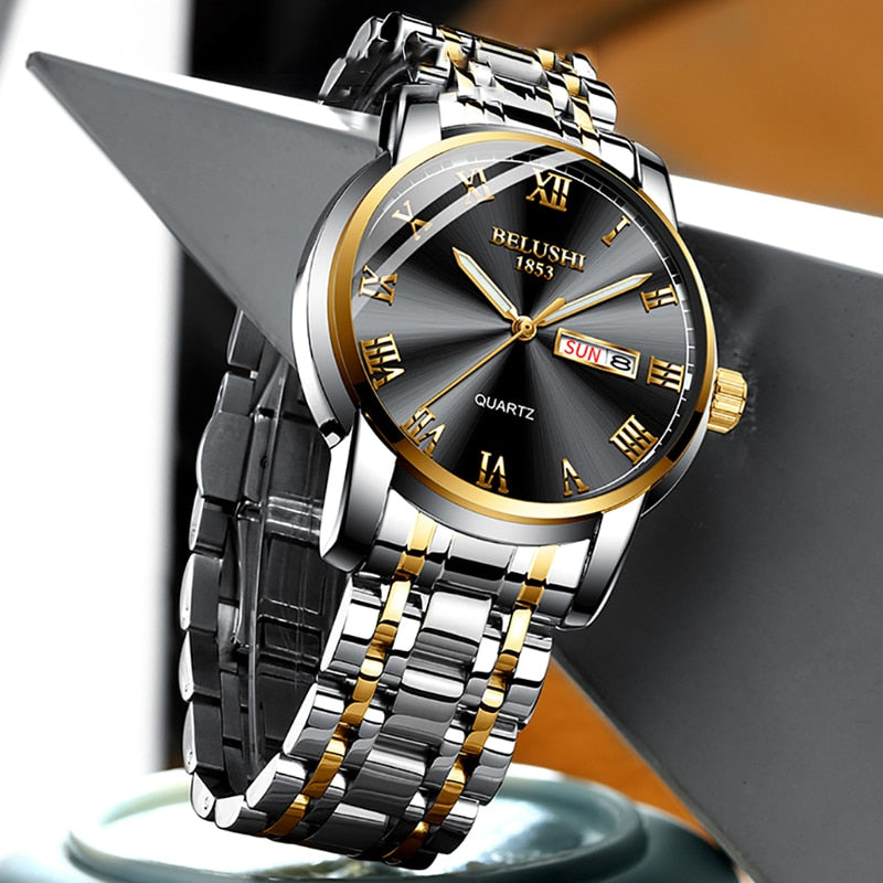 BELUSHI Men Stainless Steel Business Date Clock Waterproof Luminous Luxury Sport Quartz Wrist Watch