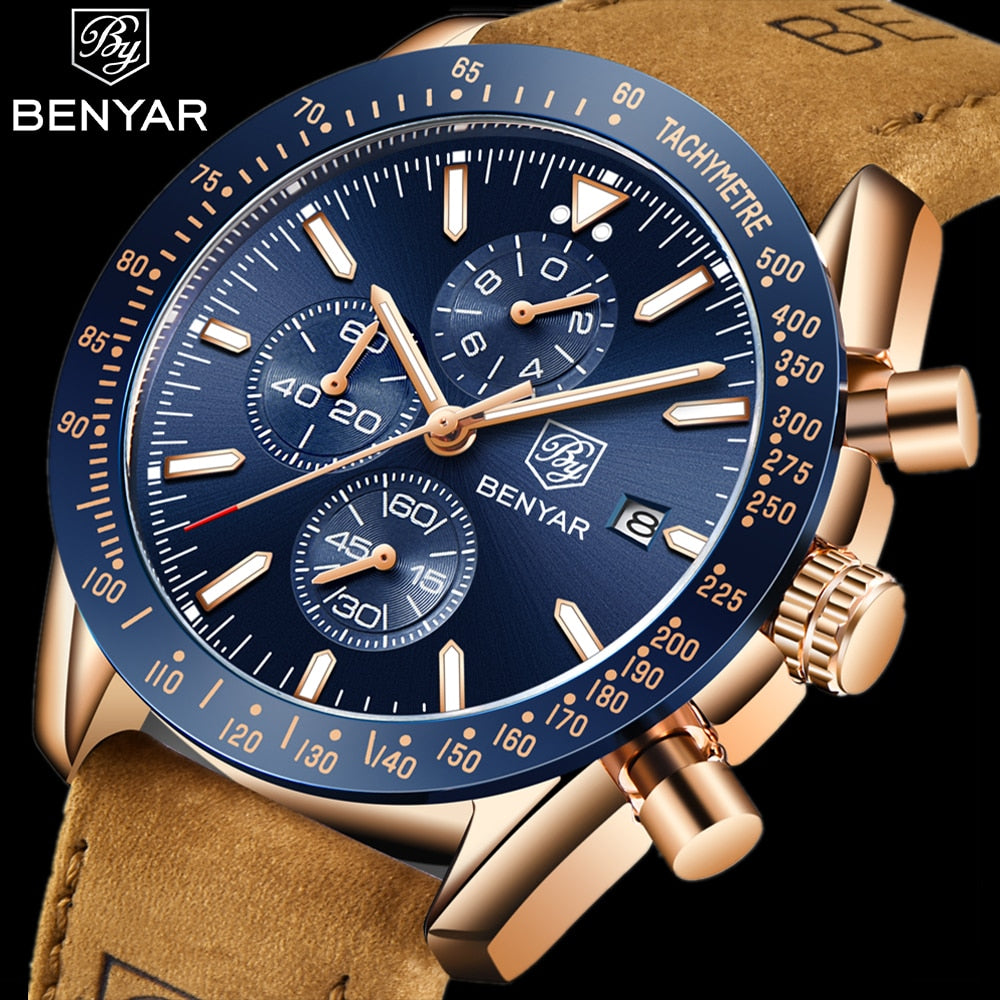 BENYAR Men Luxury Silicone Strap Waterproof Sport Quartz Chronograph Military Watch