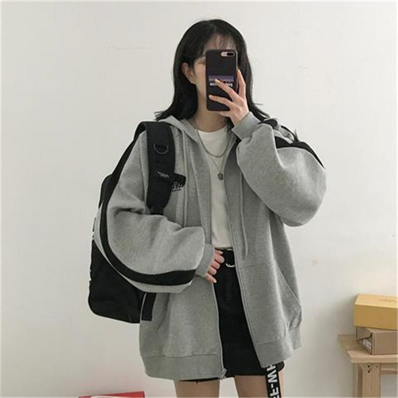 Women Hoodie Harajuku Korean Version Oversized Solid Color Zip Up Sweatshirt Female Casual Long Sleeve Pocket Hoodie