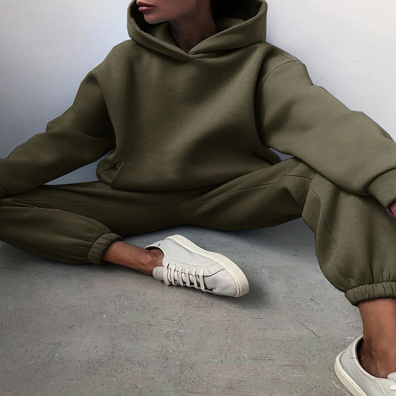 Fleece-lined Tracksuits Women Casual Solid Warm Suits Hoodies Sweatpants Autumn Winter Pullover Sweatshirts Pants 2 Piece Set