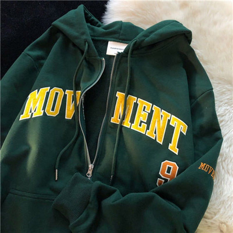 Women Hoodie Harajuku Korean Version Oversized Solid Color Zip Up Sweatshirt Female Casual Long Sleeve Pocket Hoodie